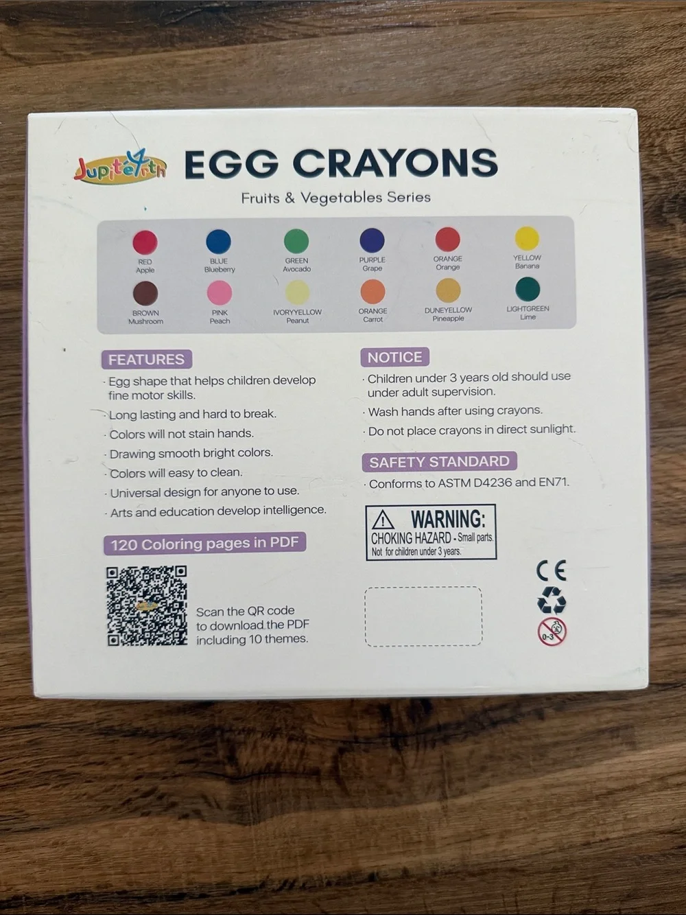 Jupitearth Palm-Grasp Egg Crayons Set of 12 in box, fruit and vegetables series